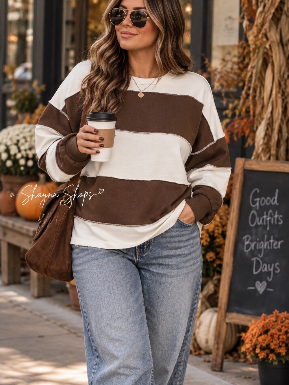 Zenana Striped Oversized Brown and Cream French Terry Pullover Top